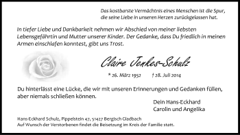 Anzeige von Claire Jenkes-Schulz von Kölner Stadt-Anzeiger / Kölnische Rundschau / Express