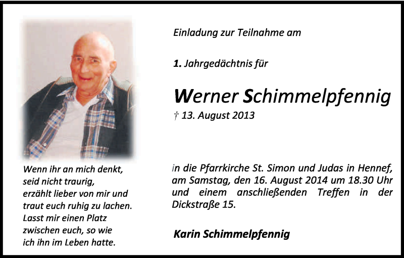  Traueranzeige für Werner Schimmelpfennig vom 11.08.2014 aus Kölner Stadt-Anzeiger / Kölnische Rundschau / Express