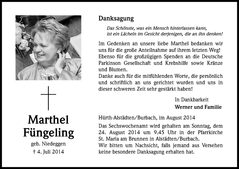  Traueranzeige für Marthel Füngeling vom 09.08.2014 aus Kölner Stadt-Anzeiger / Kölnische Rundschau / Express