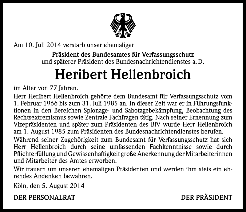  Traueranzeige für Heribert Hellenbroich vom 09.08.2014 aus Kölner Stadt-Anzeiger / Kölnische Rundschau / Express