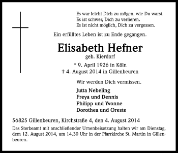 Anzeige von Elisabeth Hefner von Kölner Stadt-Anzeiger / Kölnische Rundschau / Express