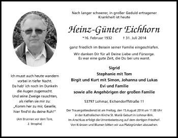 Anzeige von Heinz-Günter Eichhorn von Kölner Stadt-Anzeiger / Kölnische Rundschau / Express
