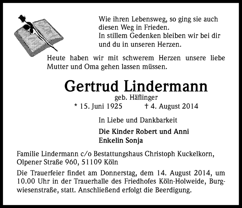  Traueranzeige für Gertrud Lindermann vom 13.08.2014 aus Kölner Stadt-Anzeiger / Kölnische Rundschau / Express