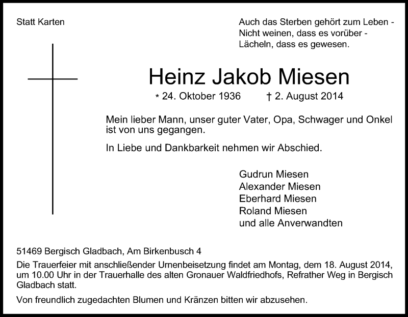  Traueranzeige für Heinz Jakob Miesen vom 09.08.2014 aus Kölner Stadt-Anzeiger / Kölnische Rundschau / Express