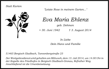 Anzeige von Eva Maria Ehlenz von Kölner Stadt-Anzeiger / Kölnische Rundschau / Express