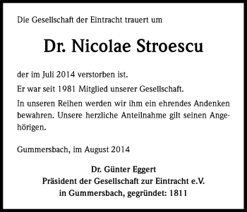 Anzeige von Nicolae Stroescu von Kölner Stadt-Anzeiger / Kölnische Rundschau / Express