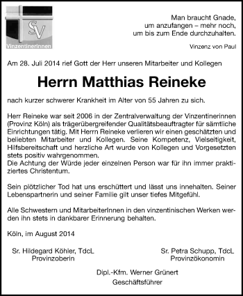 Anzeige von Matthias Reineke von Kölner Stadt-Anzeiger / Kölnische Rundschau / Express