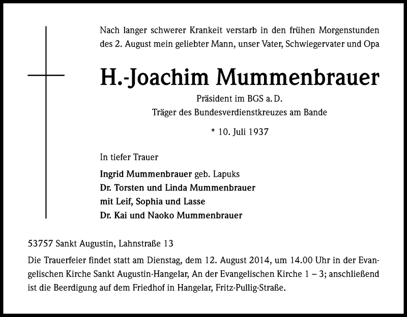  Traueranzeige für H.-Joachim Mummenbrauer vom 09.08.2014 aus Kölner Stadt-Anzeiger / Kölnische Rundschau / Express