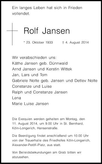 Anzeige von Rolf Jansen von Kölner Stadt-Anzeiger / Kölnische Rundschau / Express