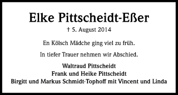 Anzeige von Elke Pittscheidt-Eßer von Kölner Stadt-Anzeiger / Kölnische Rundschau / Express