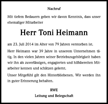 Anzeige von Toni Heimann von Kölner Stadt-Anzeiger / Kölnische Rundschau / Express