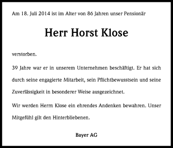 Anzeige von Horst Klose von Kölner Stadt-Anzeiger / Kölnische Rundschau / Express