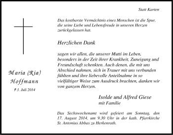 Anzeige von Maria Hoffmann von Kölner Stadt-Anzeiger / Kölnische Rundschau / Express