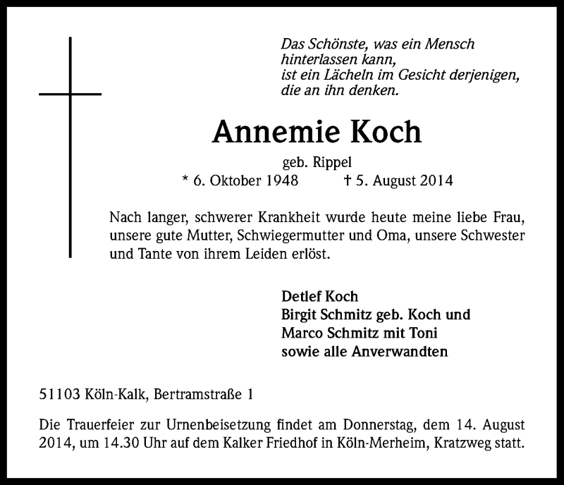  Traueranzeige für Annemie Koch vom 09.08.2014 aus Kölner Stadt-Anzeiger / Kölnische Rundschau / Express