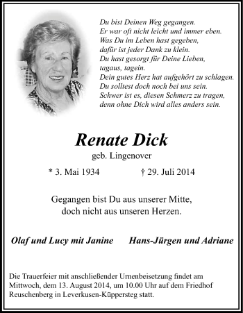 Anzeige von Renate Dick von Kölner Stadt-Anzeiger / Kölnische Rundschau / Express
