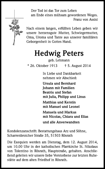 Anzeige von Hedwig Peters von Kölner Stadt-Anzeiger / Kölnische Rundschau / Express