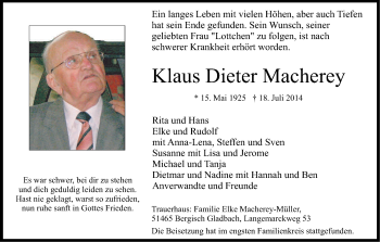 Anzeige von Klaus Dieter Macherey von Kölner Stadt-Anzeiger / Kölnische Rundschau / Express