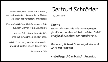 Anzeige von Gertrud Schröder von Kölner Stadt-Anzeiger / Kölnische Rundschau / Express