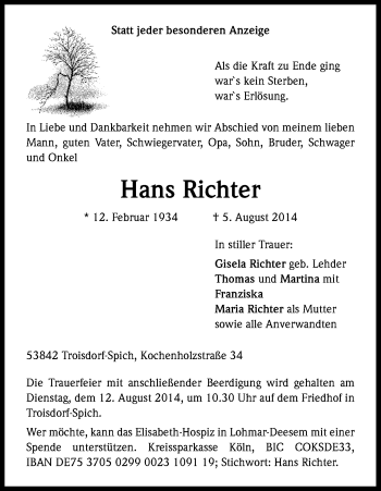 Anzeige von Hans Richter von Kölner Stadt-Anzeiger / Kölnische Rundschau / Express