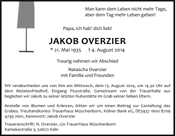 Anzeige von Jakob Overzier von Kölner Stadt-Anzeiger / Kölnische Rundschau / Express