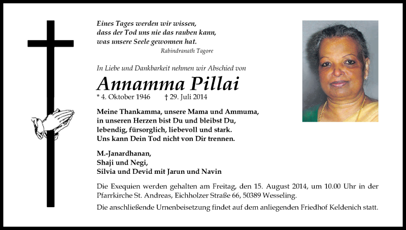  Traueranzeige für Annamma Pillai vom 09.08.2014 aus Kölner Stadt-Anzeiger / Kölnische Rundschau / Express