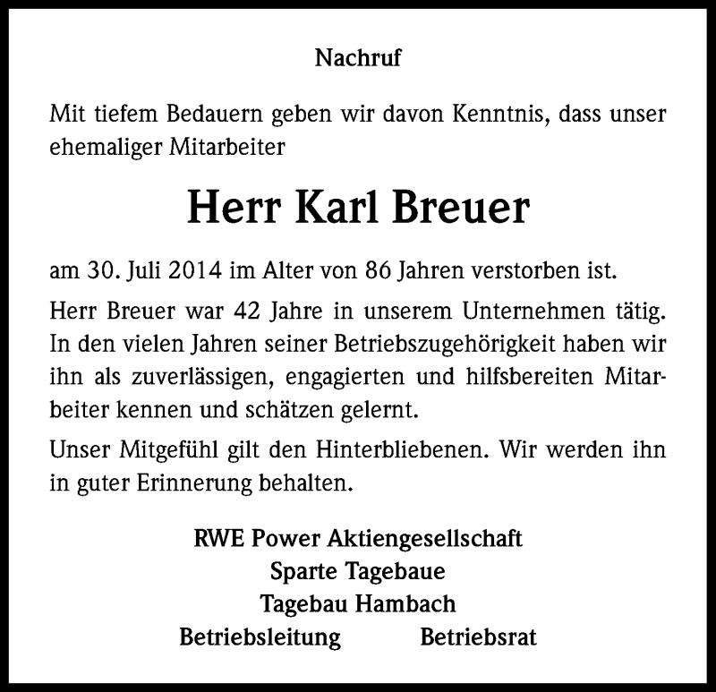  Traueranzeige für Karl Breuer vom 08.08.2014 aus Kölner Stadt-Anzeiger / Kölnische Rundschau / Express