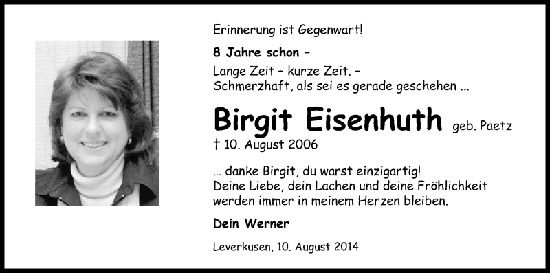  Traueranzeige für Birgit Eisenhuth vom 09.08.2014 aus Kölner Stadt-Anzeiger / Kölnische Rundschau / Express