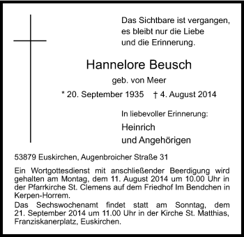 Anzeige von Hannelore Beusch von Kölner Stadt-Anzeiger / Kölnische Rundschau / Express