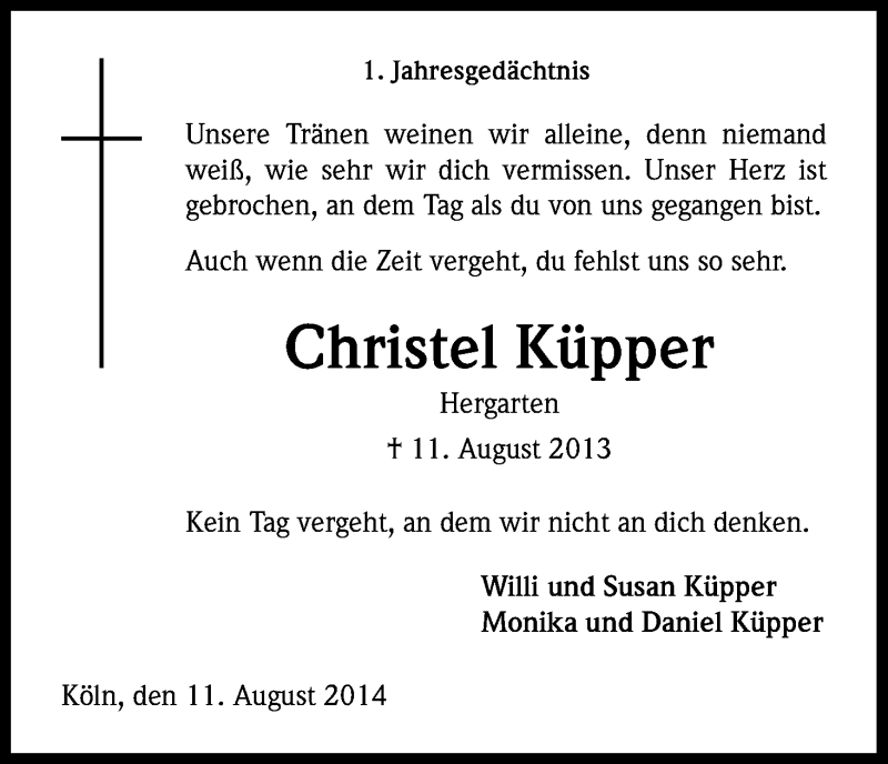  Traueranzeige für Christel Küpper vom 11.08.2014 aus Kölner Stadt-Anzeiger / Kölnische Rundschau / Express