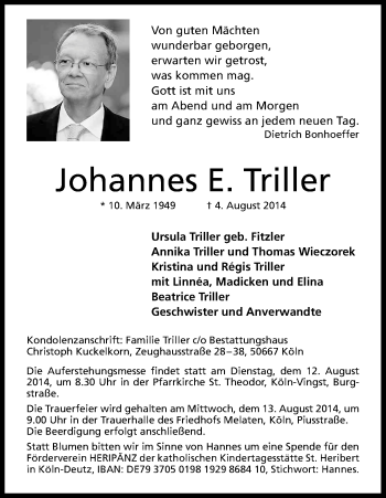 Anzeige von Johannes Triller von Kölner Stadt-Anzeiger / Kölnische Rundschau / Express