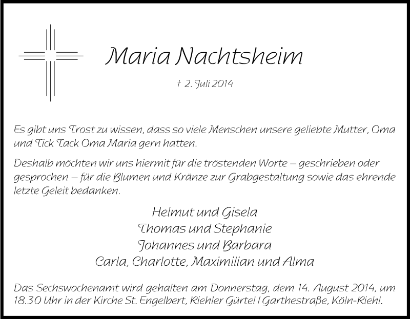  Traueranzeige für Maria Nachtsheirn vom 09.08.2014 aus Kölner Stadt-Anzeiger / Kölnische Rundschau / Express