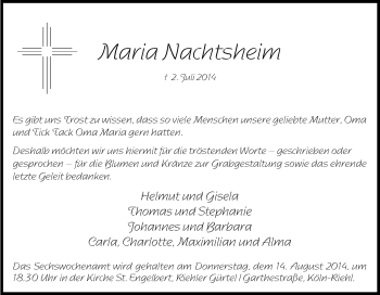 Anzeige von Maria Nachtsheirn von Kölner Stadt-Anzeiger / Kölnische Rundschau / Express
