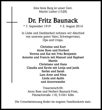 Anzeige von Fritz Baunack von Kölner Stadt-Anzeiger / Kölnische Rundschau / Express