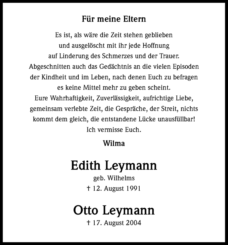  Traueranzeige für Edith und Otto Leymann vom 12.08.2014 aus Kölner Stadt-Anzeiger / Kölnische Rundschau / Express