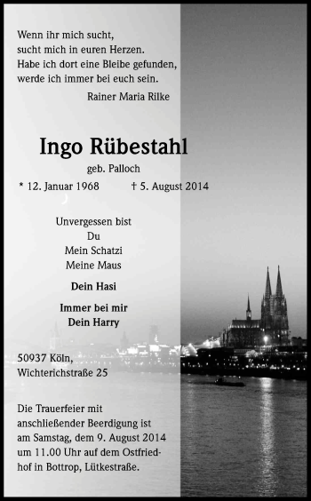 Anzeige von Ingo Rübestahl von Kölner Stadt-Anzeiger / Kölnische Rundschau / Express