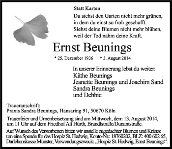 Anzeige von Ernst Beunings von Kölner Stadt-Anzeiger / Kölnische Rundschau / Express
