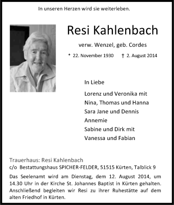 Anzeige von Resi Kahlenbach von Kölner Stadt-Anzeiger / Kölnische Rundschau / Express