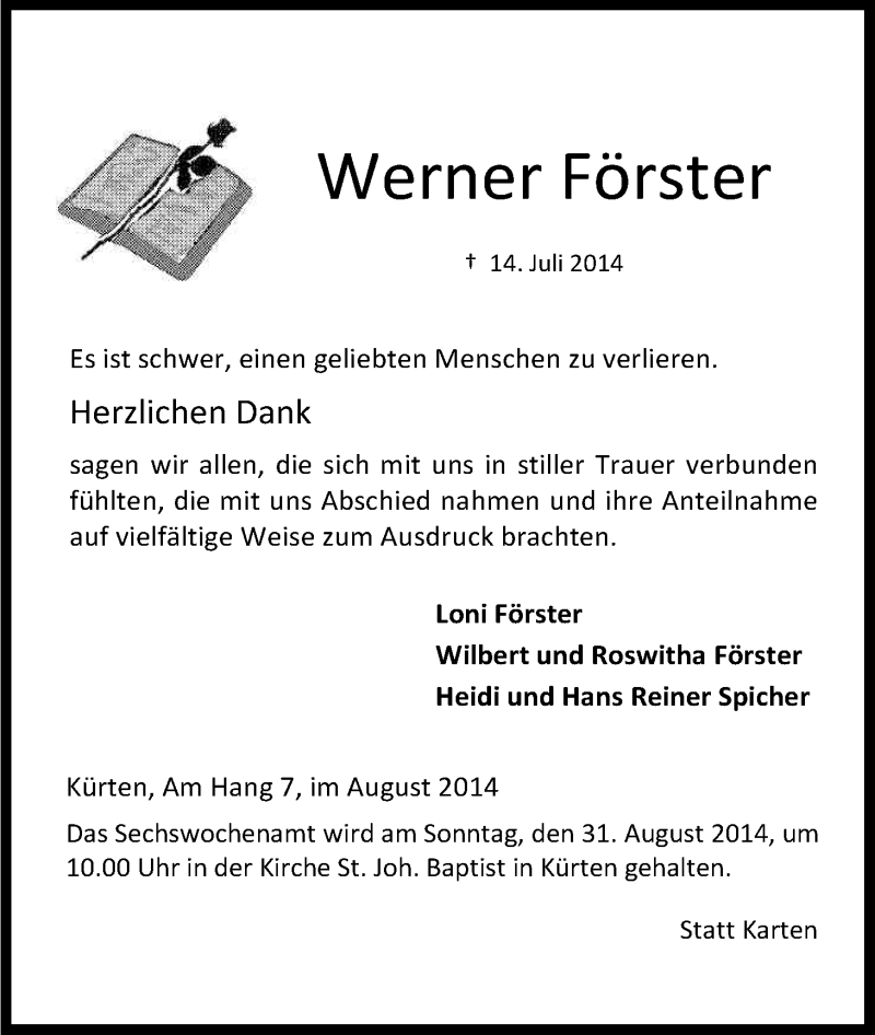  Traueranzeige für Werner Förster vom 23.08.2014 aus Kölner Stadt-Anzeiger / Kölnische Rundschau / Express