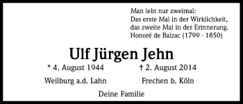 Anzeige von Ulf Jürgen Jehn von Kölner Stadt-Anzeiger / Kölnische Rundschau / Express