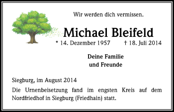Anzeige von Michael Bleifeld von Kölner Stadt-Anzeiger / Kölnische Rundschau / Express