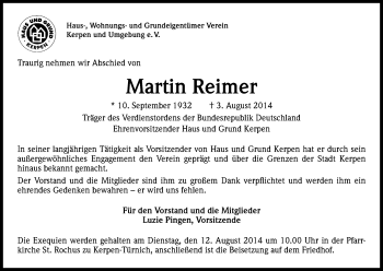 Anzeige von Martin Reimer von Kölner Stadt-Anzeiger / Kölnische Rundschau / Express