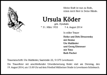 Anzeige von Ursula Köder von Kölner Stadt-Anzeiger / Kölnische Rundschau / Express
