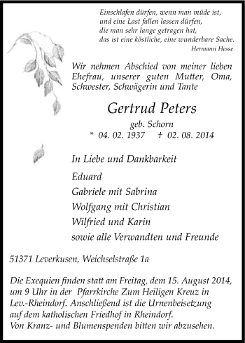 Anzeige von Gertrud Peters von Kölner Stadt-Anzeiger / Kölnische Rundschau / Express