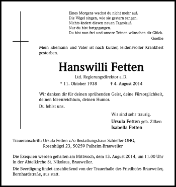 Anzeige von Hanswilli Fetten von Kölner Stadt-Anzeiger / Kölnische Rundschau / Express