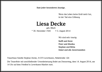 Anzeige von Liesa Decke von Kölner Stadt-Anzeiger / Kölnische Rundschau / Express