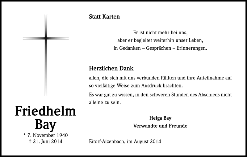  Traueranzeige für Friedhelm Bay vom 08.08.2014 aus Kölner Stadt-Anzeiger / Kölnische Rundschau / Express