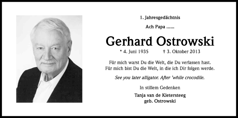  Traueranzeige für Gerhard Ostrowski vom 02.10.2014 aus Kölner Stadt-Anzeiger / Kölnische Rundschau / Express