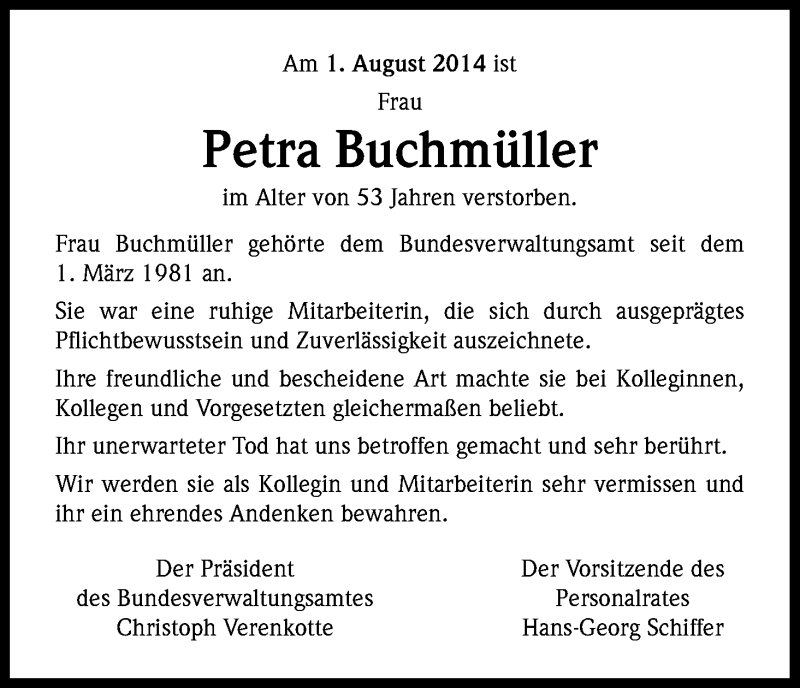  Traueranzeige für Petra Buchmüller vom 09.08.2014 aus Kölner Stadt-Anzeiger / Kölnische Rundschau / Express