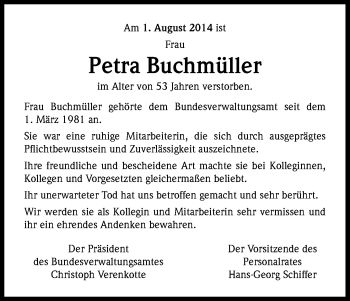 Anzeige von Petra Buchmüller von Kölner Stadt-Anzeiger / Kölnische Rundschau / Express
