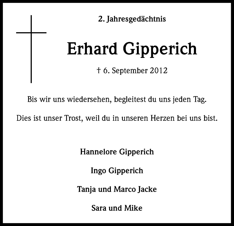  Traueranzeige für Erhard Gipperich vom 06.09.2014 aus Kölner Stadt-Anzeiger / Kölnische Rundschau / Express